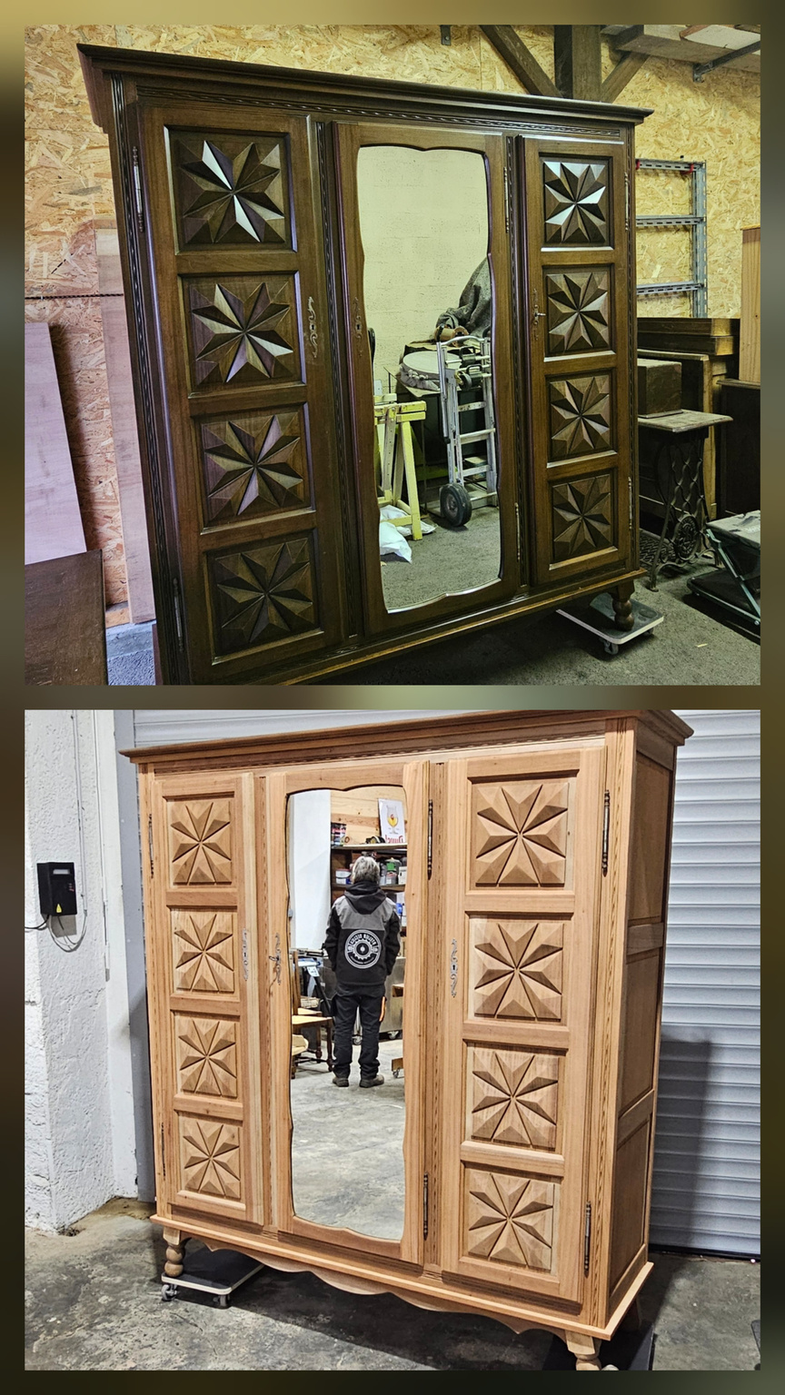 Aérogommage d'une armoire - avant et après